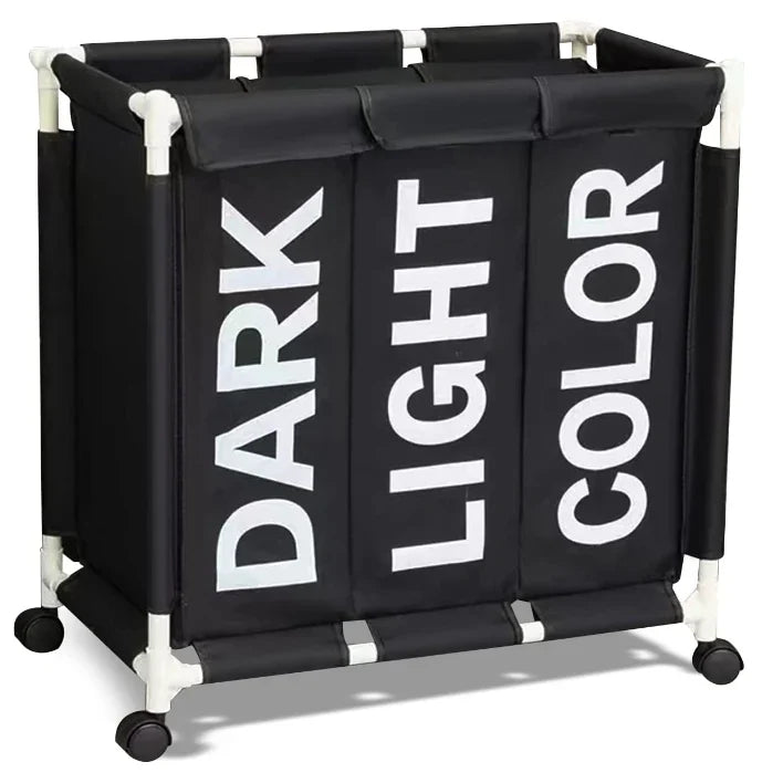 סל כביסה מחולק ל-3 תאים על גלגלים שחור
