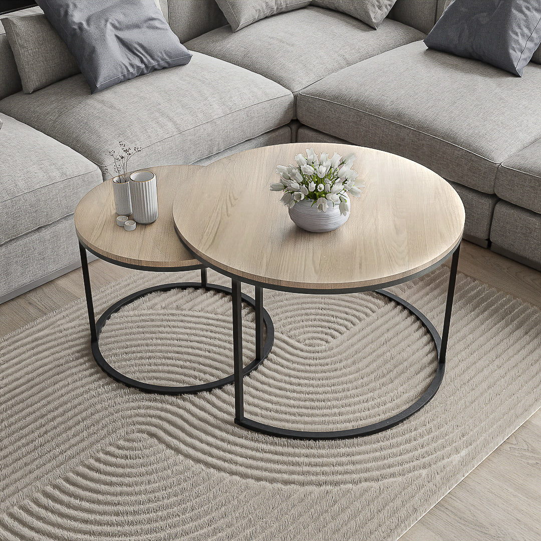 סט שולחנות סלון עגולים מודרנים - צבע עץ בהיר 50 + 70