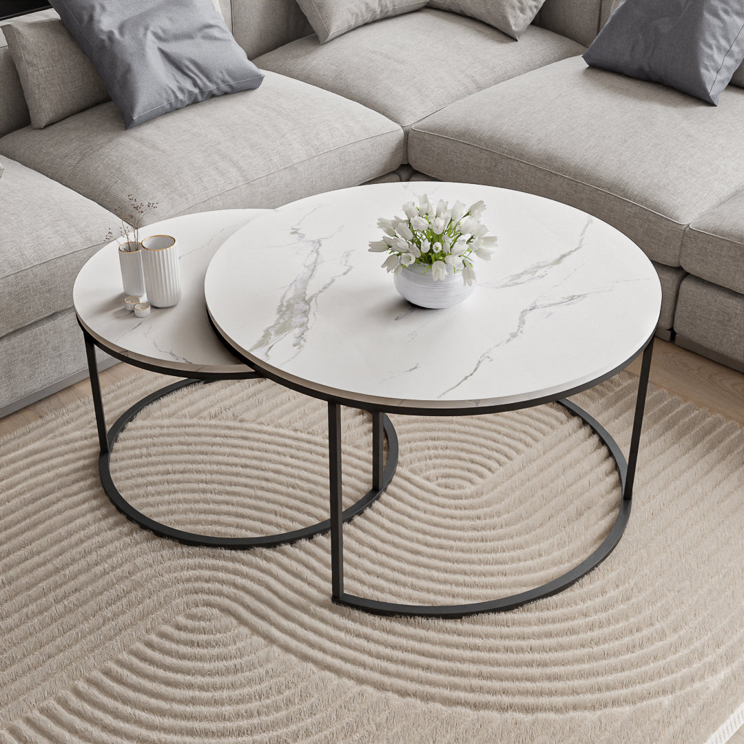 סט שולחנות סלון עגולים מודרנים - צבע שיש לבן 60+80