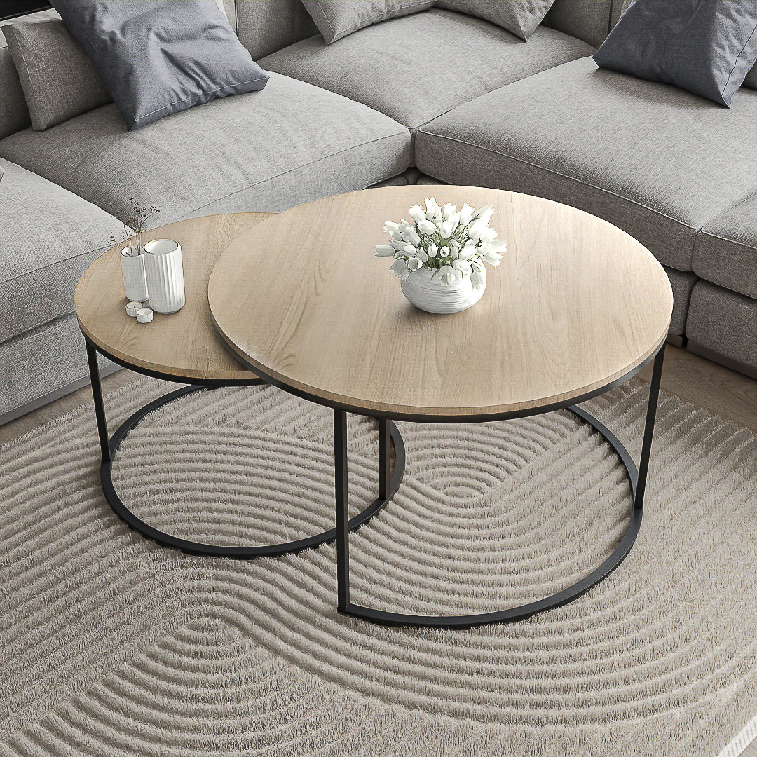 סט שולחנות סלון עגולים מודרנים - צבע עץ בהיר 60 + 80