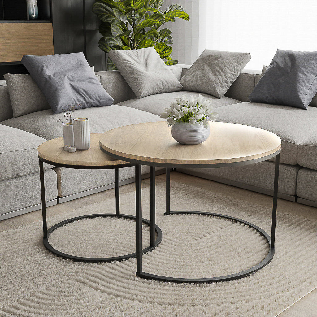 סט שולחנות סלון עגולים מודרנים - צבע עץ בהיר