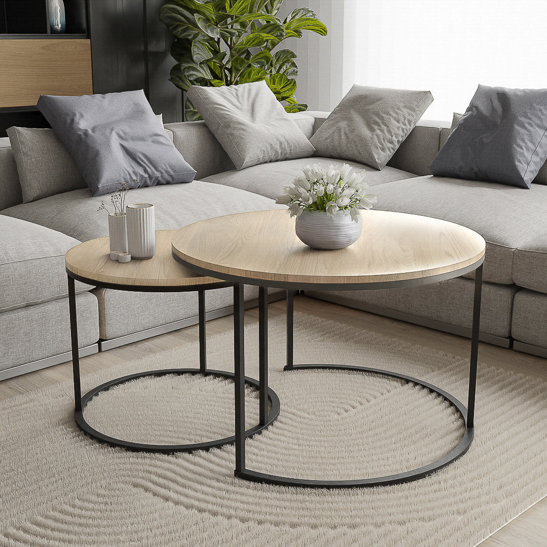 סט שולחנות סלון עגולים מודרנים - צבע עץ בהיר