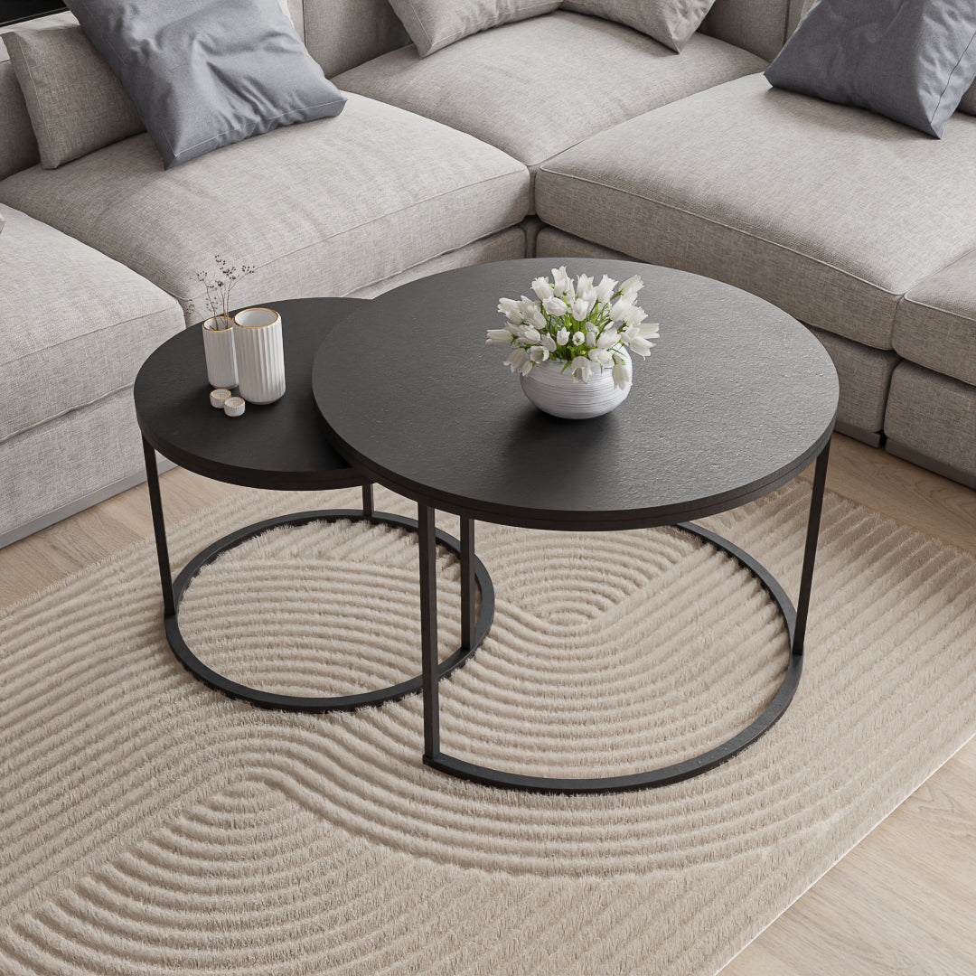 סט שולחנות סלון עגולים מודרנים - צבע שחור 50 + 70