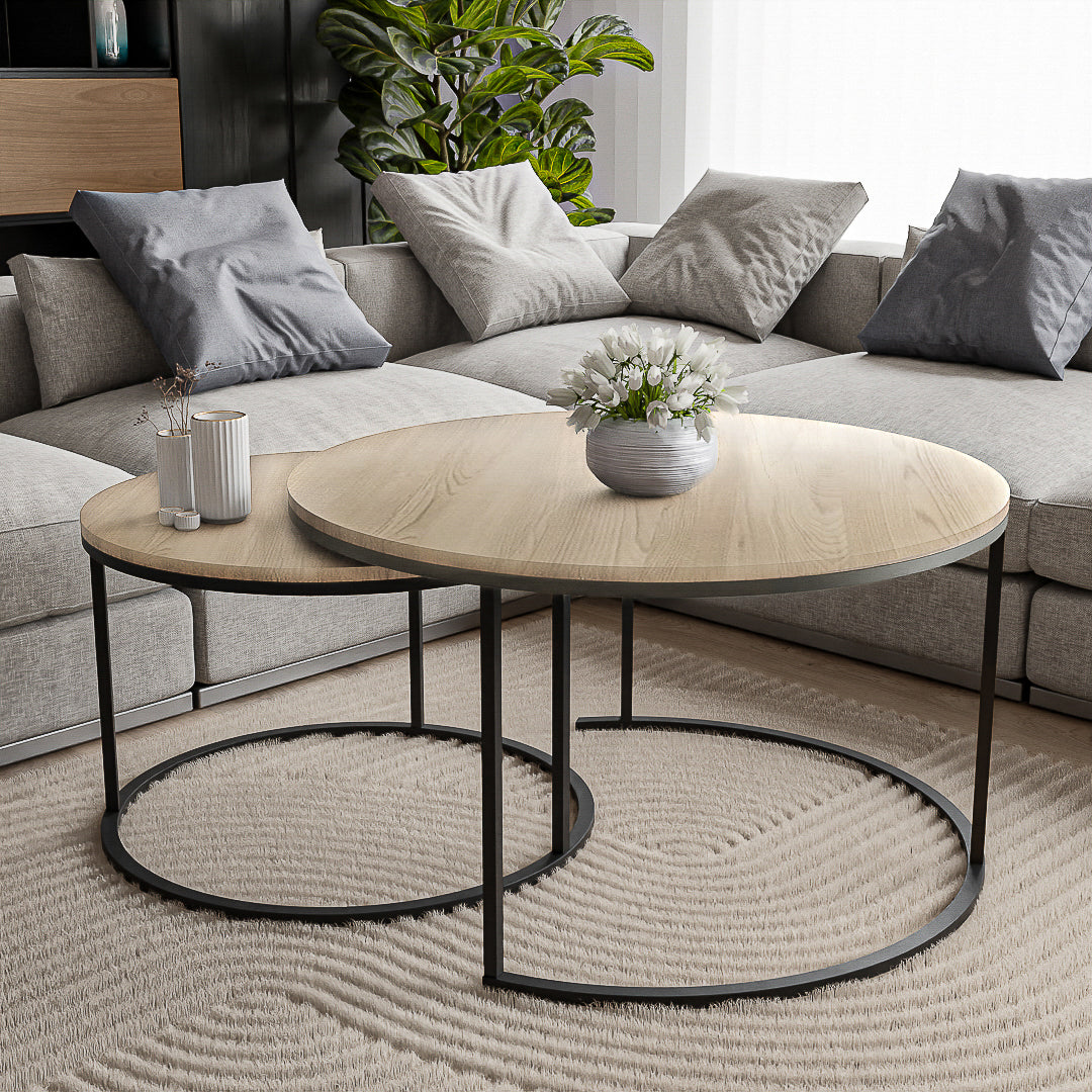 סט שולחנות סלון עגולים מודרנים - צבע עץ בהיר