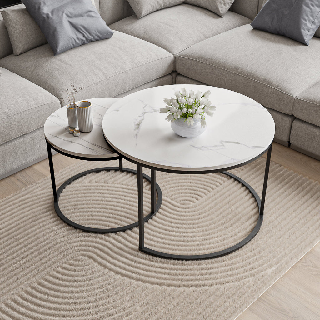 סט שולחנות סלון עגולים מודרנים - צבע שיש לבן 50+70