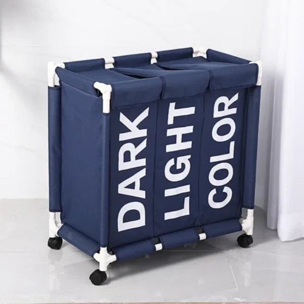סל כביסה מחולק ל-3 תאים על גלגלים כחול
