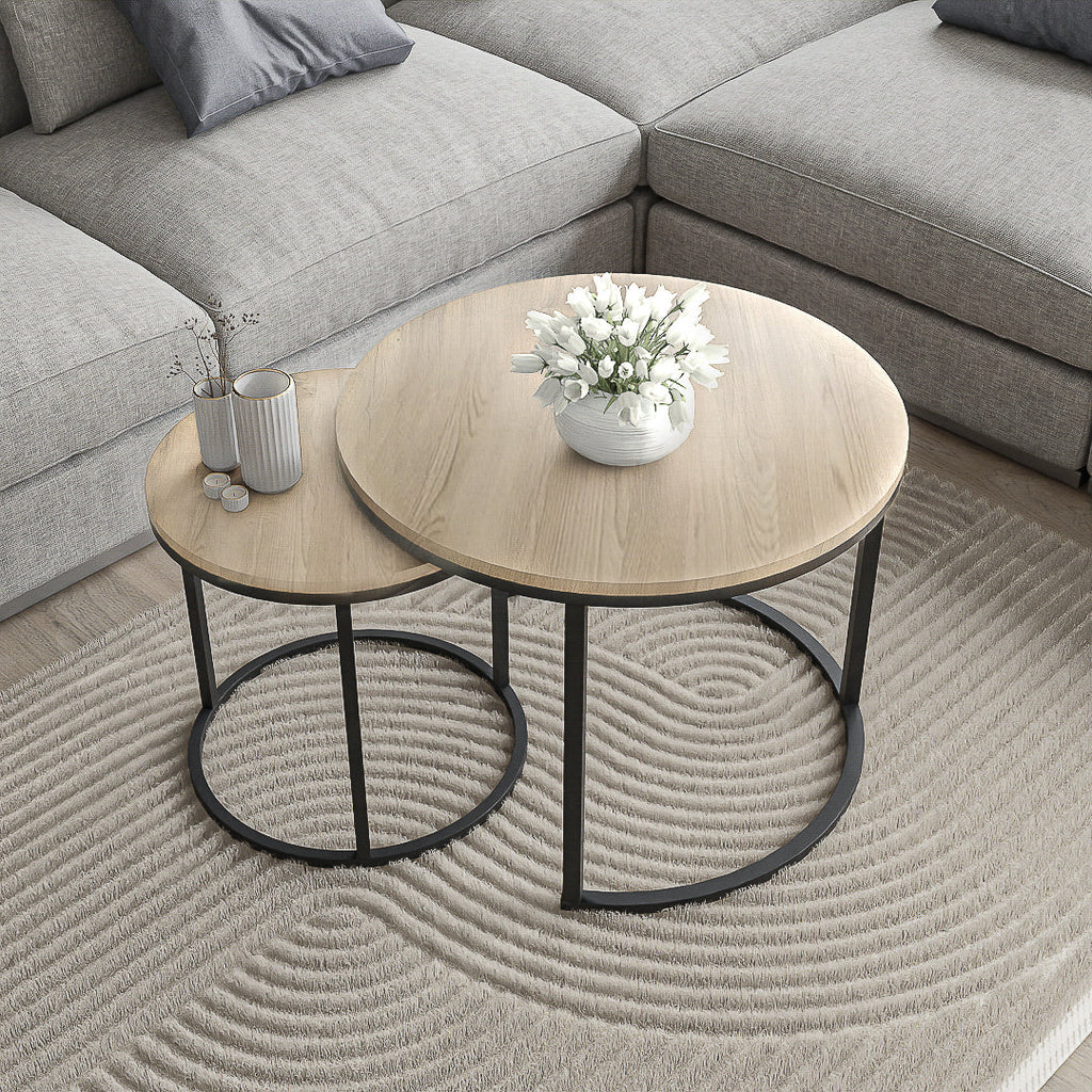 סט שולחנות סלון עגולים מודרנים - צבע עץ בהיר 40 + 60