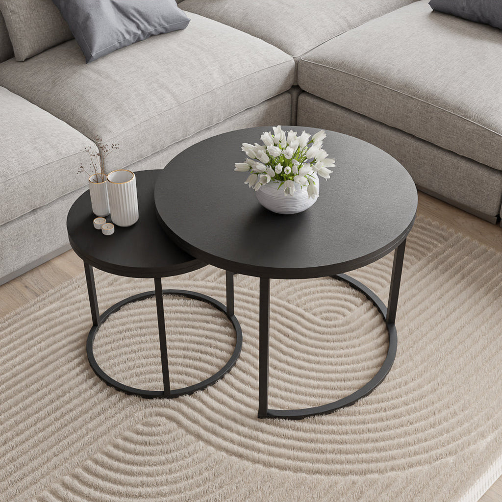 סט שולחנות סלון עגולים מודרנים - צבע שחור 40 + 60