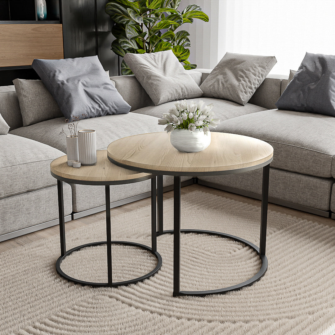 סט שולחנות סלון עגולים מודרנים - צבע עץ בהיר