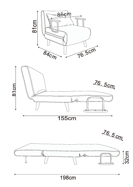 כורסה נפתחת למיטה מעוצבת דגם מילה - צבע אפור בהיר